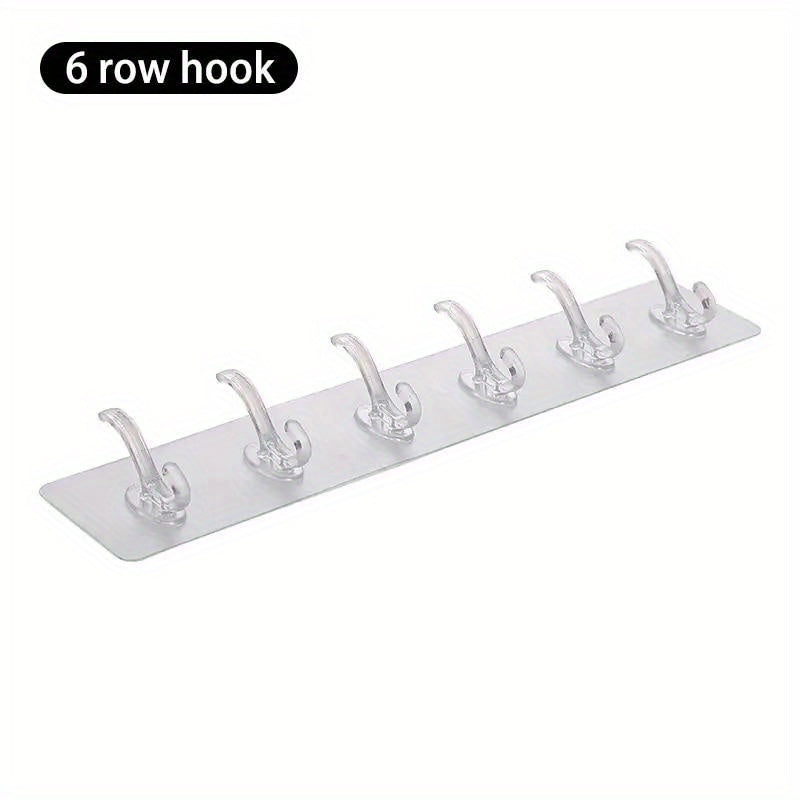Easy-Install Transparent 6-Row Hooks - Strong Adhesive, No-Damage Wall Mount for Towels, Clothes & Coats - Sleek Bathroom Organizer, Sticky Rear, Bathroom Accessories