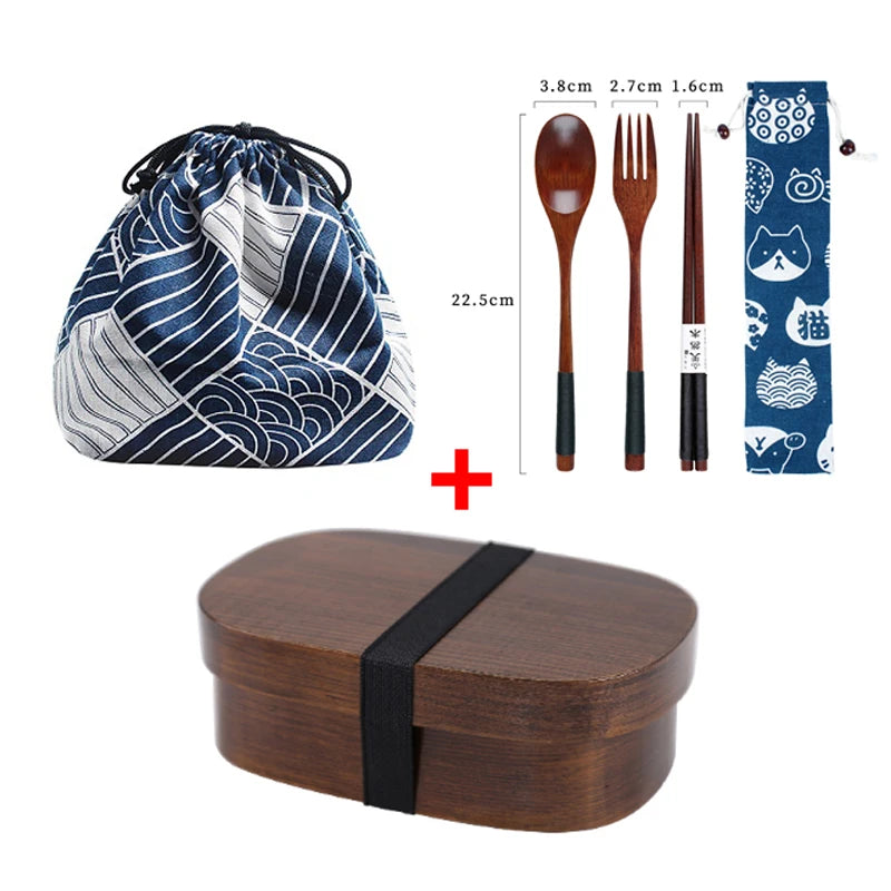 Wooden Lunch Box Picnic Japanese Bento Box for School Kids Dinnerware Set with Bag&spoon Fork Chopsticks Round Square Lunch Box