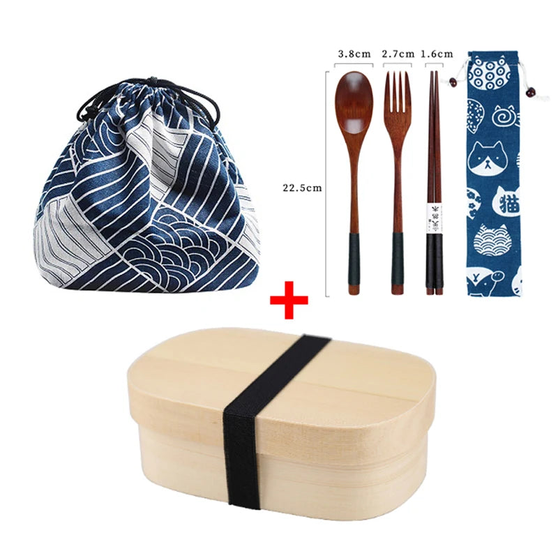 Wooden Lunch Box Picnic Japanese Bento Box for School Kids Dinnerware Set with Bag&spoon Fork Chopsticks Round Square Lunch Box