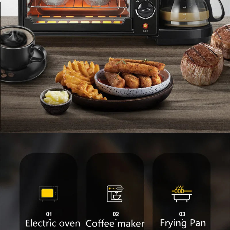 Kitchen 3 In 1 Breakfast Making Machine Drip Coffee Maker Household Bread Pizza Frying Pan Toaster Electric Oven