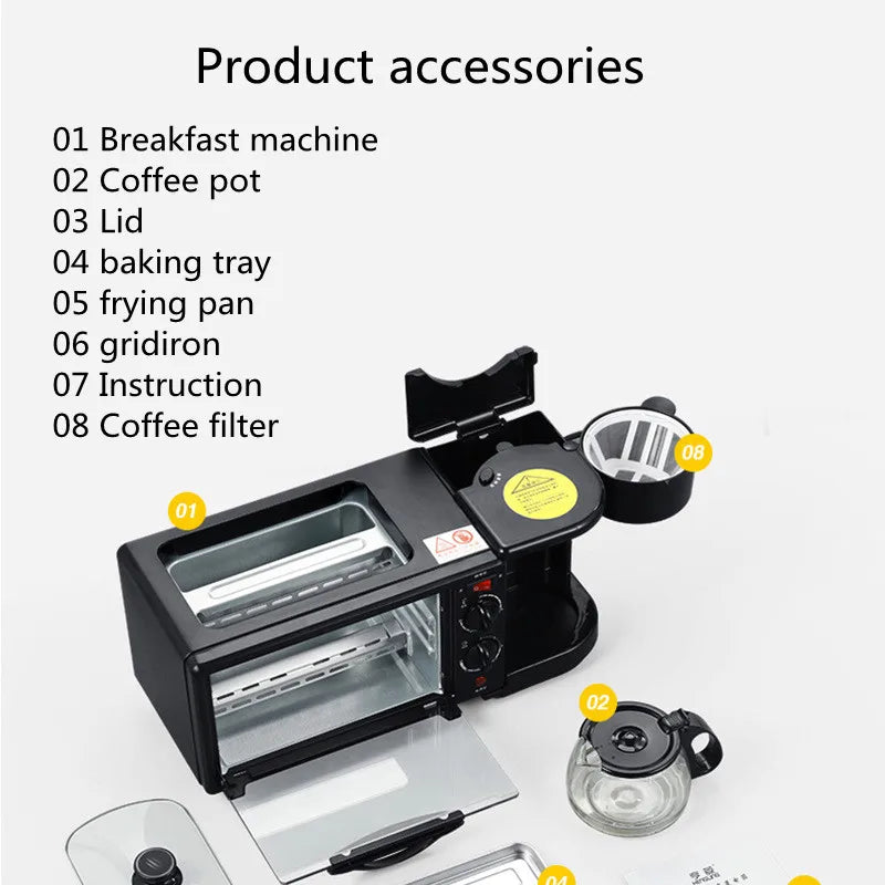 Kitchen 3 In 1 Breakfast Making Machine Drip Coffee Maker Household Bread Pizza Frying Pan Toaster Electric Oven
