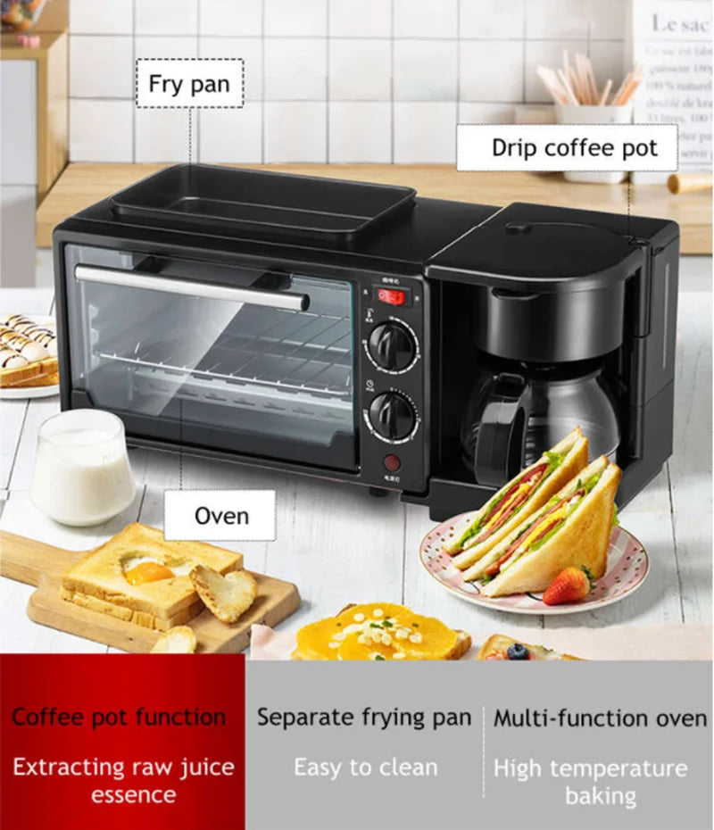 Kitchen 3 In 1 Breakfast Making Machine Drip Coffee Maker Household Bread Pizza Frying Pan Toaster Electric Oven