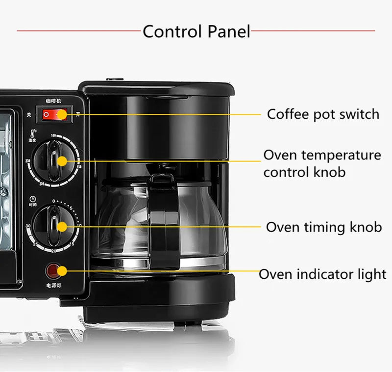 Kitchen 3 In 1 Breakfast Making Machine Drip Coffee Maker Household Bread Pizza Frying Pan Toaster Electric Oven