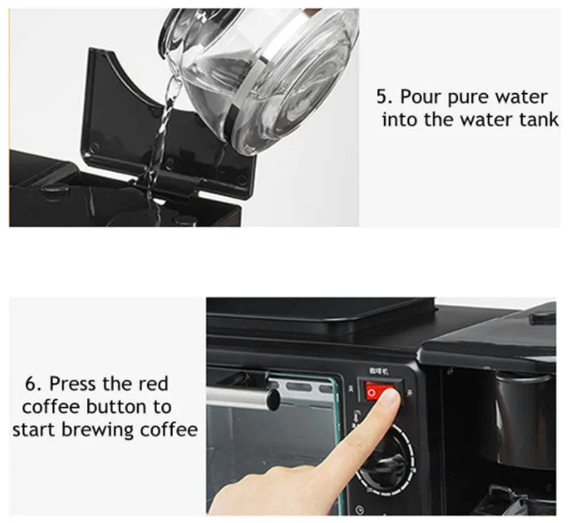 Kitchen 3 In 1 Breakfast Making Machine Drip Coffee Maker Household Bread Pizza Frying Pan Toaster Electric Oven