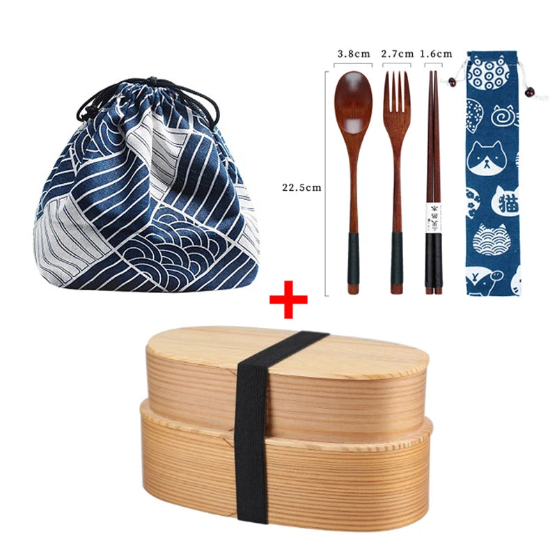 Wooden Lunch Box Picnic Japanese Bento Box for School Kids Dinnerware Set with Bag&spoon Fork Chopsticks Round Square Lunch Box