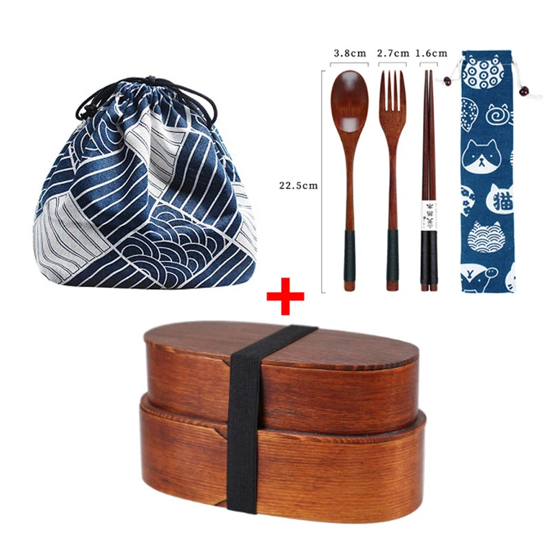 Wooden Lunch Box Picnic Japanese Bento Box for School Kids Dinnerware Set with Bag&spoon Fork Chopsticks Round Square Lunch Box