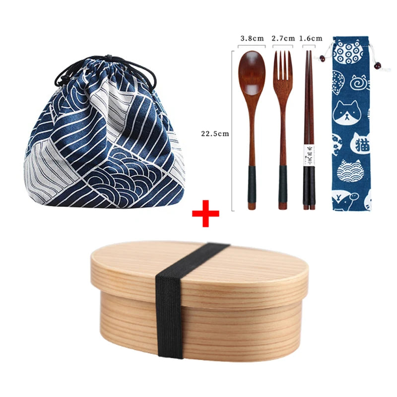 Wooden Lunch Box Picnic Japanese Bento Box for School Kids Dinnerware Set with Bag&spoon Fork Chopsticks Round Square Lunch Box