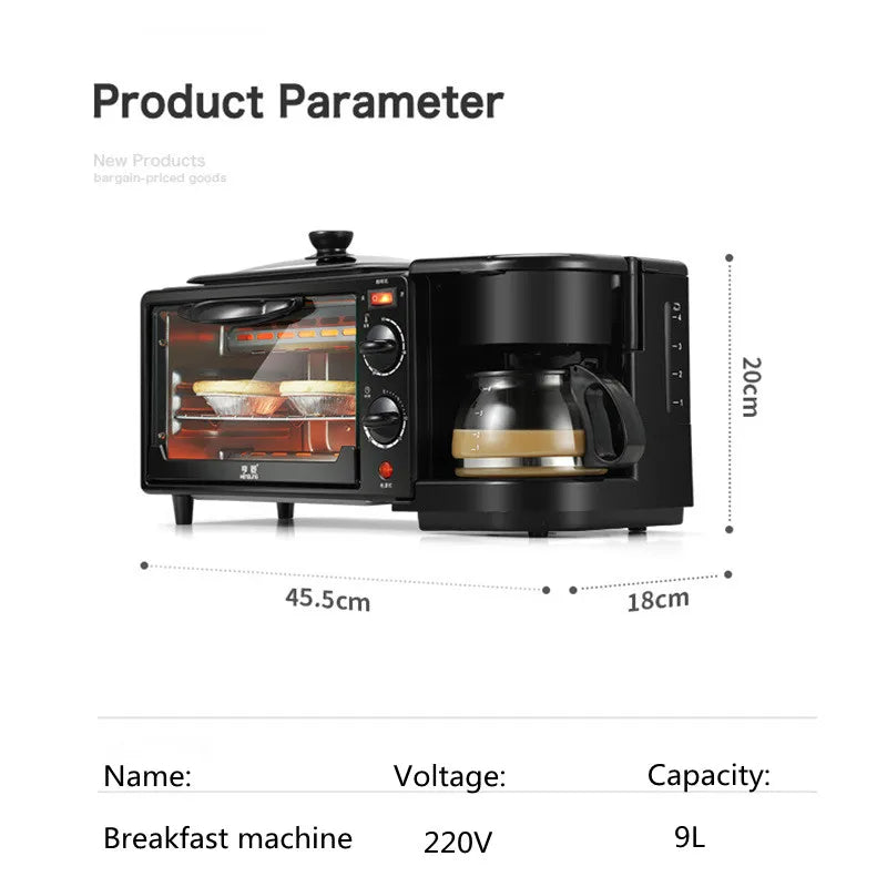 Kitchen 3 In 1 Breakfast Making Machine Drip Coffee Maker Household Bread Pizza Frying Pan Toaster Electric Oven