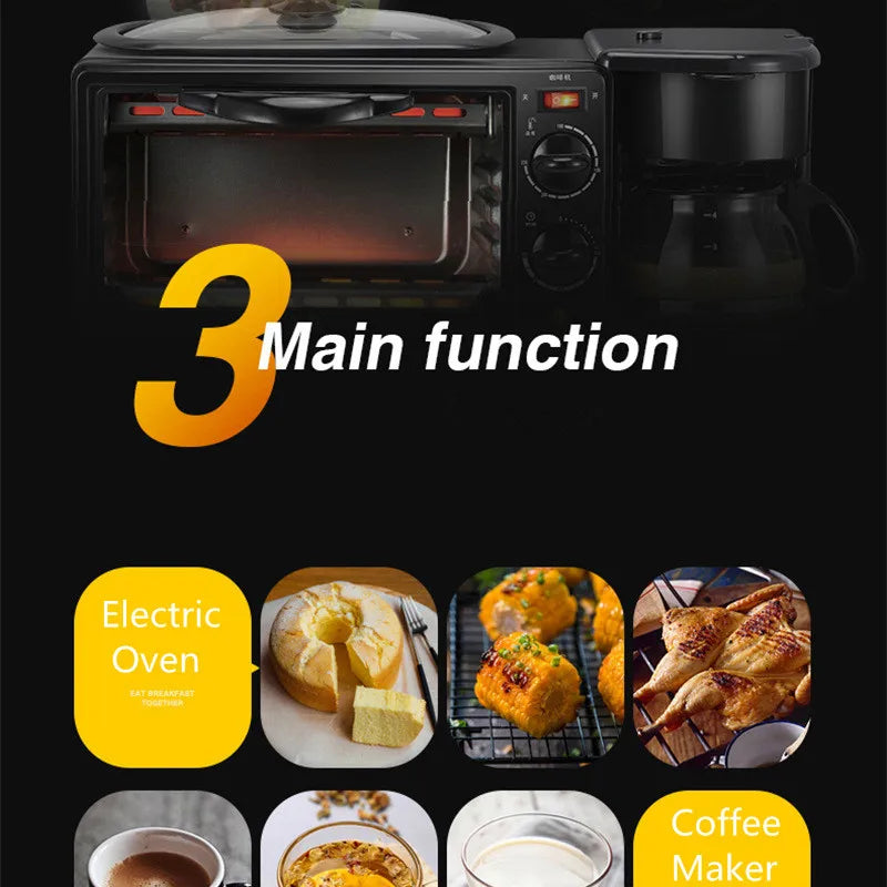 Kitchen 3 In 1 Breakfast Making Machine Drip Coffee Maker Household Bread Pizza Frying Pan Toaster Electric Oven