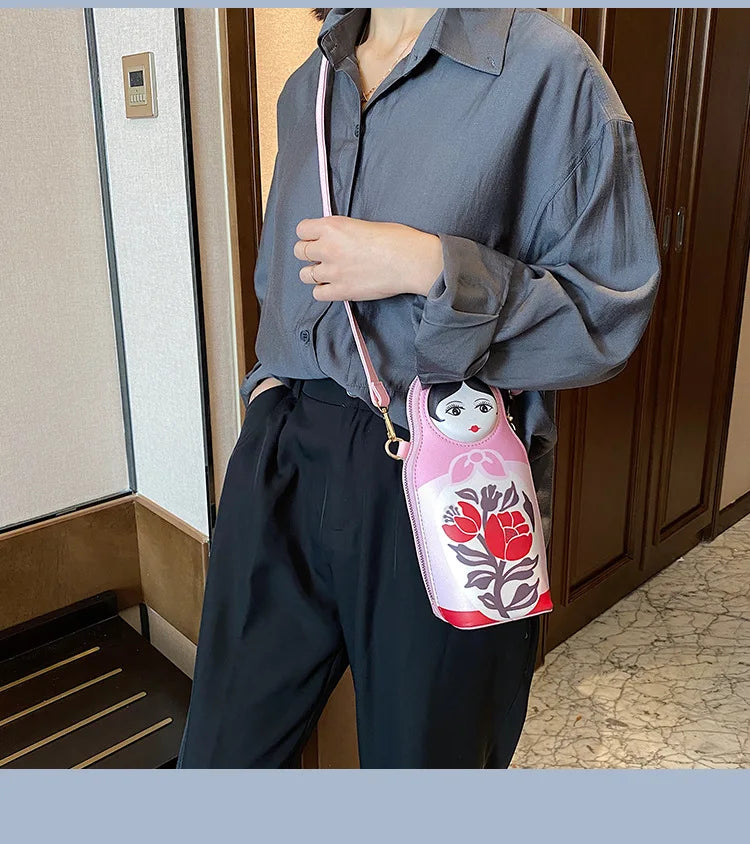 Creative Matryoshka Print Bag Women Crossbody Bags Women New Fashion PU Leather Bag Phone&Purses Bag Shoulder Bag Bolsas