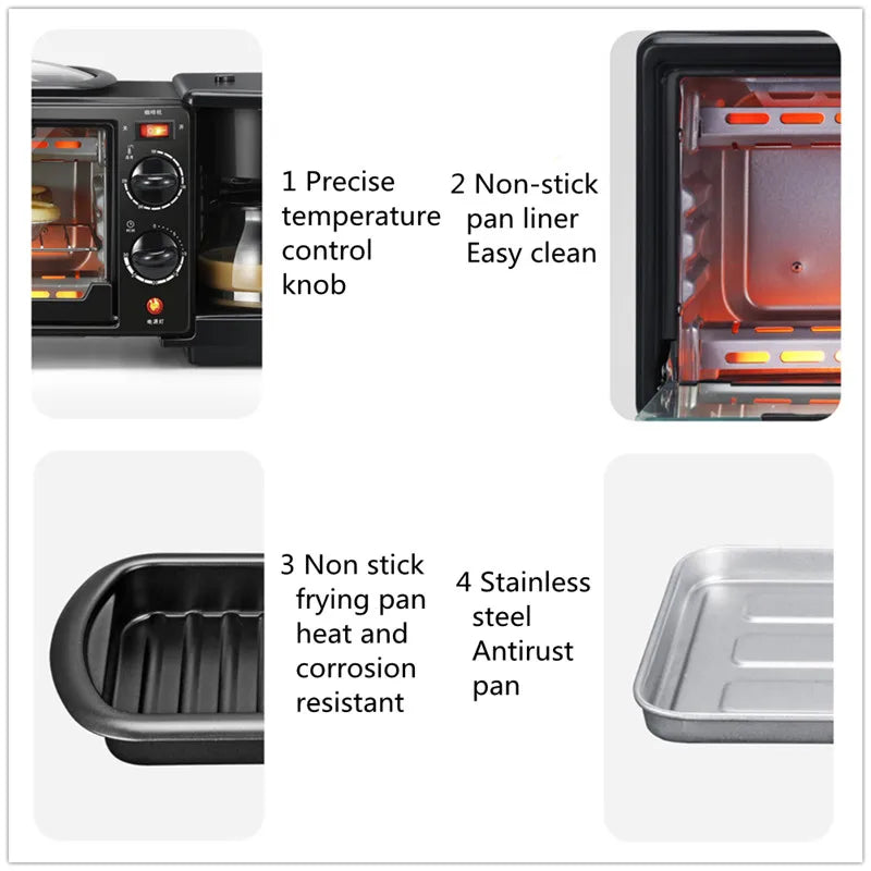 Kitchen 3 In 1 Breakfast Making Machine Drip Coffee Maker Household Bread Pizza Frying Pan Toaster Electric Oven