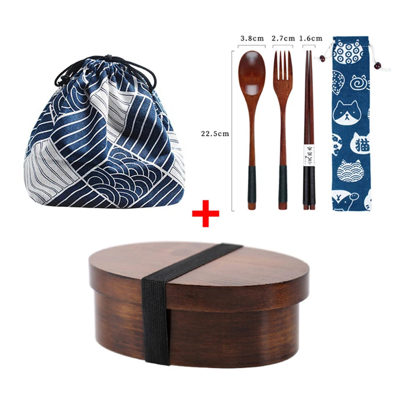 Wooden Lunch Box Picnic Japanese Bento Box for School Kids Dinnerware Set with Bag&spoon Fork Chopsticks Round Square Lunch Box