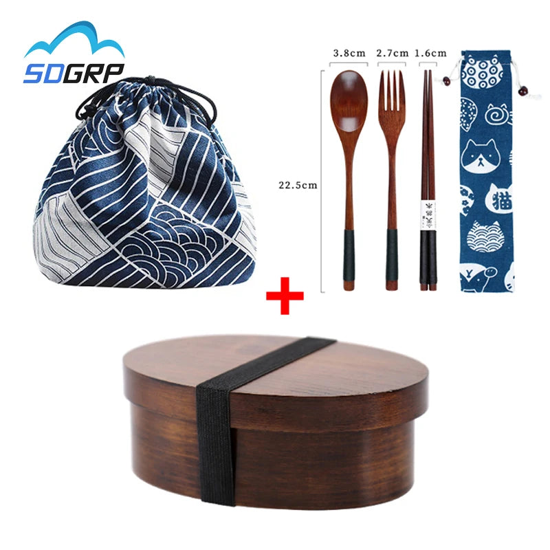 Wooden Lunch Box Picnic Japanese Bento Box for School Kids Dinnerware Set with Bag&spoon Fork Chopsticks Round Square Lunch Box