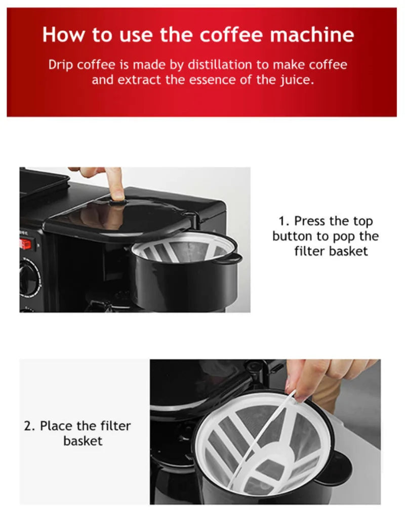 Kitchen 3 In 1 Breakfast Making Machine Drip Coffee Maker Household Bread Pizza Frying Pan Toaster Electric Oven