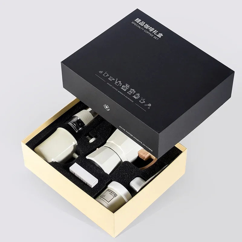 Hand Grinder Coffee Maker Set,Hand Grinder Set Gift Box,Moka Pot 6 Piece Set,with Cup,bean Bin,filter Paper and Bean Brush Spoon