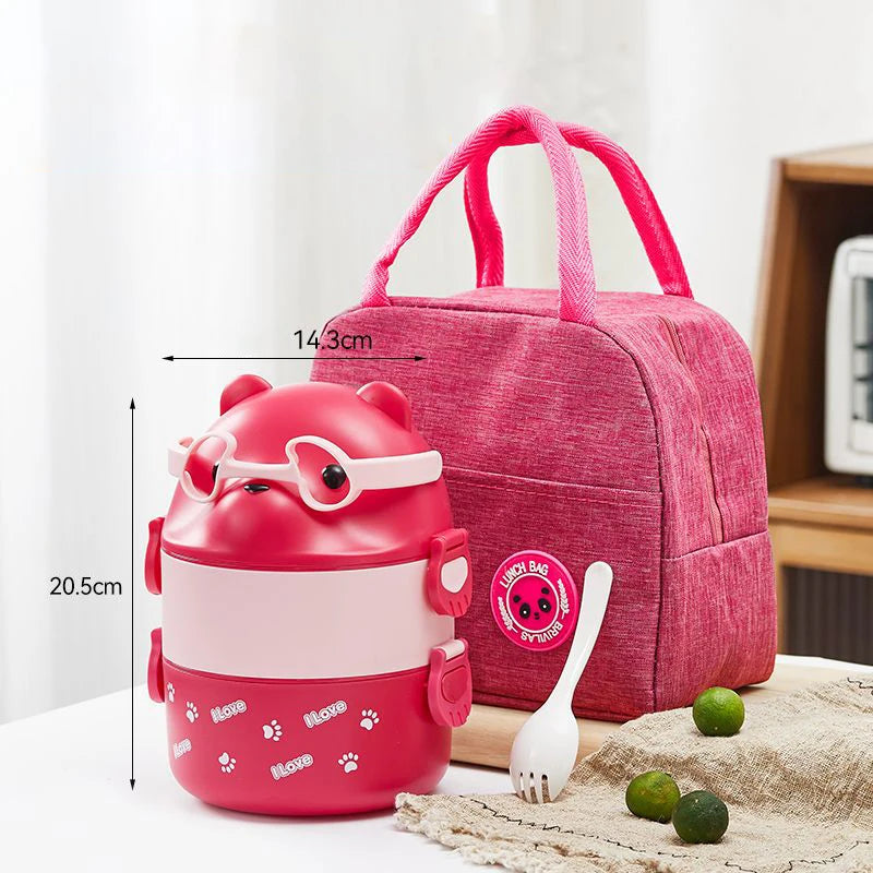 Stackable Bento Box Portable Cute Cartoon Children Lunch Box Double Layer Food Storage Container Eyeglass Bear Thermal Bento Box