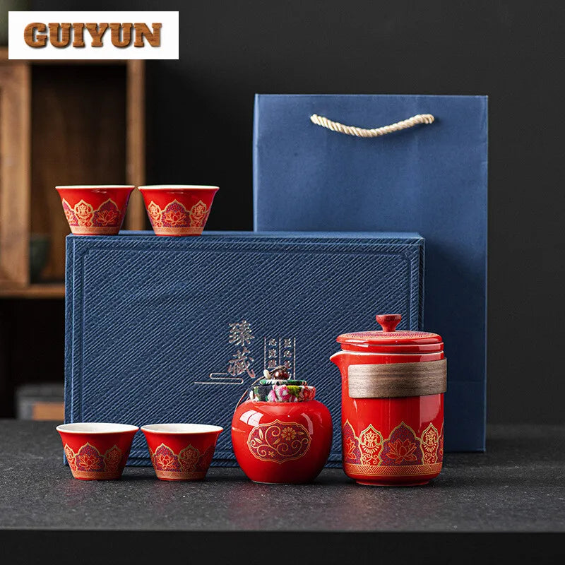 Outdoors Tea Ceremony Set Portable 1 Pot of 4 Cups Travel Gift Box Tool Luxury Chinese Porcelain Sets Full British Cup European