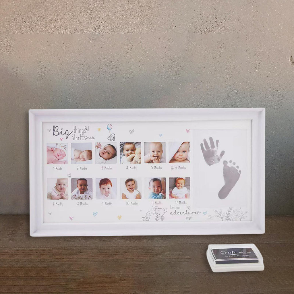 Baby Photo Frame Newborn DIY 0-12 Month Kids Gift My First Year Baby Shower Picture Frame with Ink Pad Footprint & Handprint
