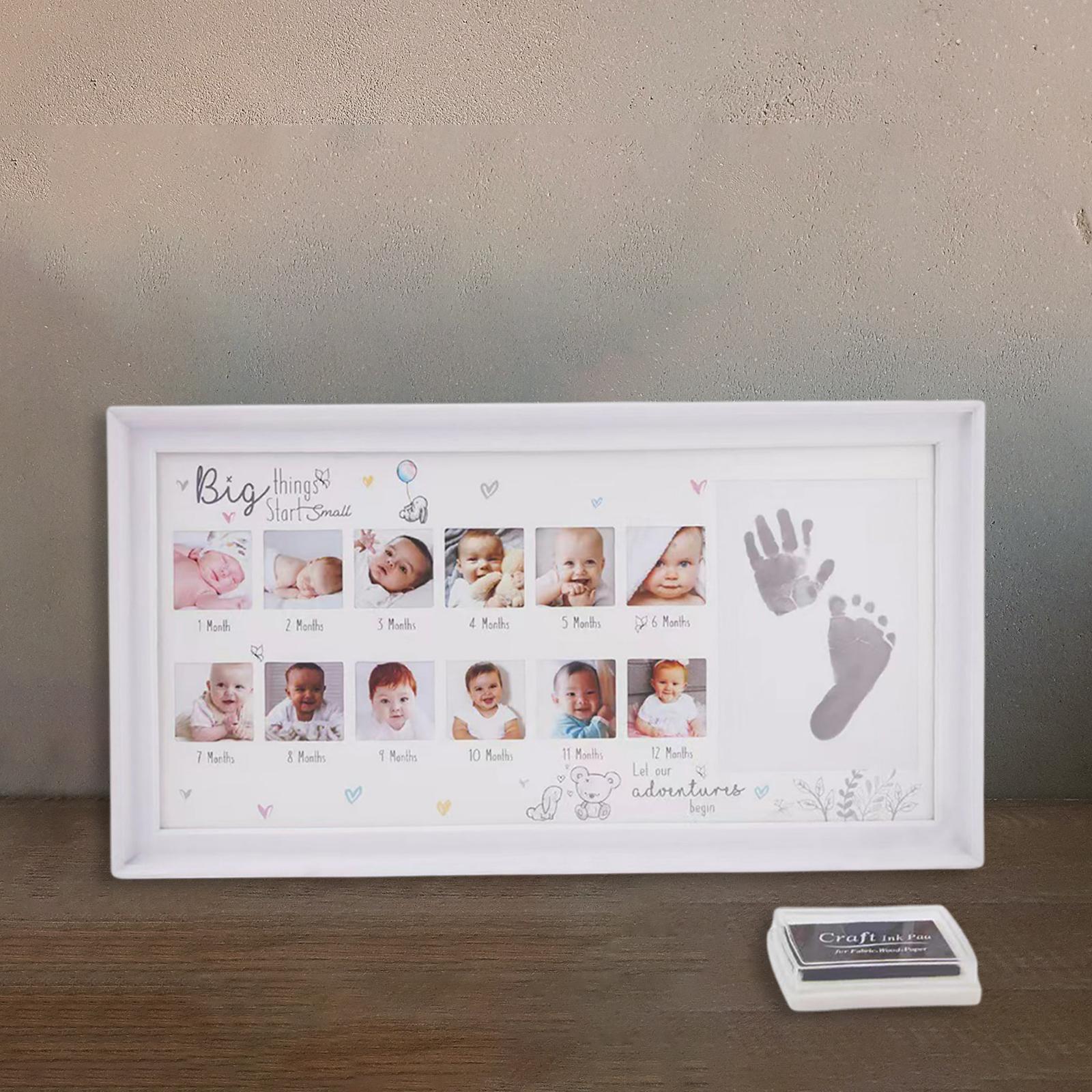 Baby Photo Frame Newborn DIY 0-12 Month Kids Gift My First Year Baby Shower Picture Frame with Ink Pad Footprint & Handprint