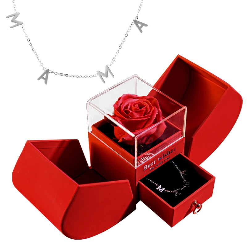 Gift for Women Eternal Rose Gift Box /w Heart Necklace I Love You To The Moon and Back Flower Jewelry Box for Valentine Wedding