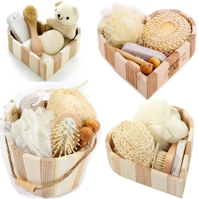 1 Set Spa Heart Shape Gift Box Bathing Skin Cleaning Kit Spa Gift For Women Sisal Bath Flower Kit Back Scrubber Gloves Massager