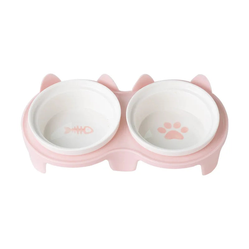 Pet ceramic feeding bowl, double bowl, inclined angle to hold food and water, protect the cat's cervical spine.