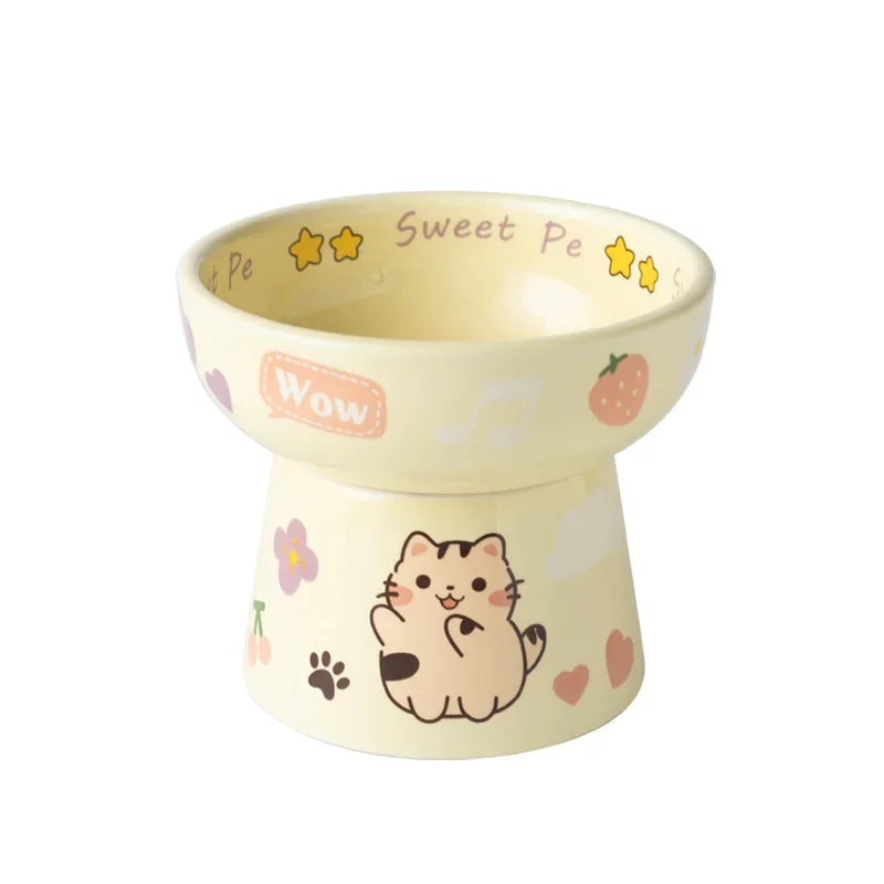 Cat Bowl Ceramic High-Footed Neck Protection Pet Feeders Cute Cartoon Bowls
