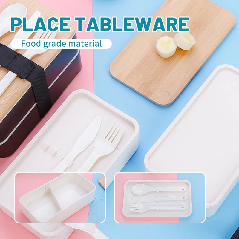 Minimalist Japanese Style Bento Box Double-layer Lunch Box with Cutlery Divided Student Lunchbox Set - Knife Fork Spoon Included