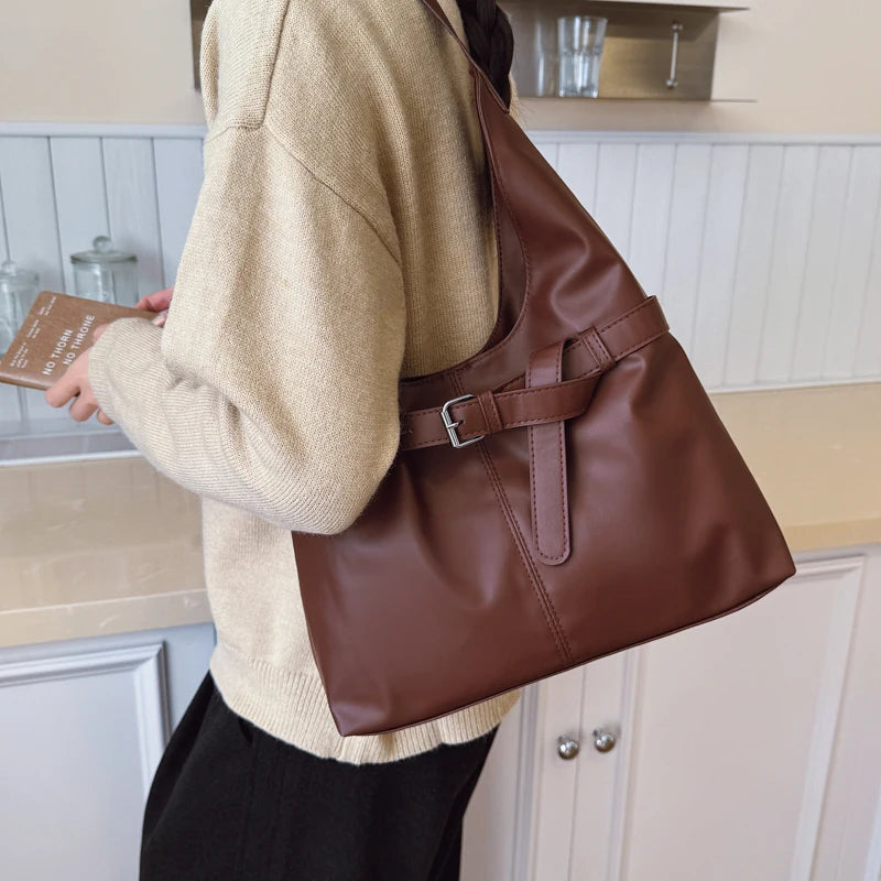 Retro Design Pu Leather Handbags for Women High Capacity Single Shoulder Bags Women Large Tote Bag Commuting Storage Bag Purse