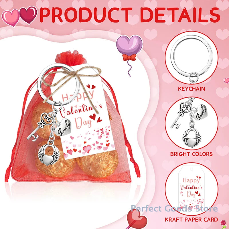 18 Sets Valentine's Day Gifts Includes Heart Shaped Keychain With Label Tags Organza Bags For Students Classroom Exchange Gifts