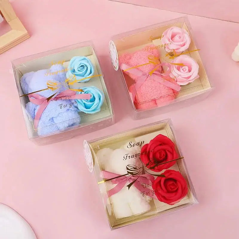 1Set Towel Bear Soap Flower Gift Box,Valentine's Day,Wedding,Mother's Day Christmas Gift Birthday Party Baby Shower Guest Favors