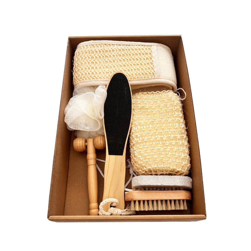 Bath Set of Seven Pieces, Scrubbing Towel, Foot Grinding Stone, Sisal Bath Flower Set, Holiday Gift Box, Gift