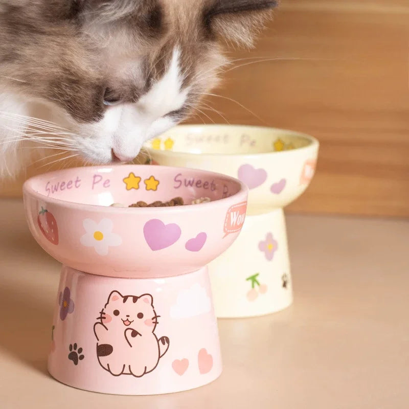 Cat Bowl Ceramic High-Footed Neck Protection Pet Feeders Cute Cartoon Bowls