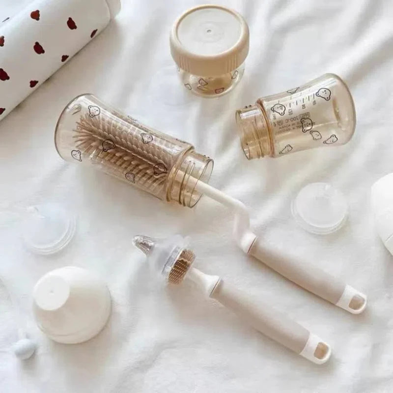 Korean Ins Newborn Bottle Nipple Brush Baby Special Long-handled Cleaning Brush Silicone Cleaning Brush Set