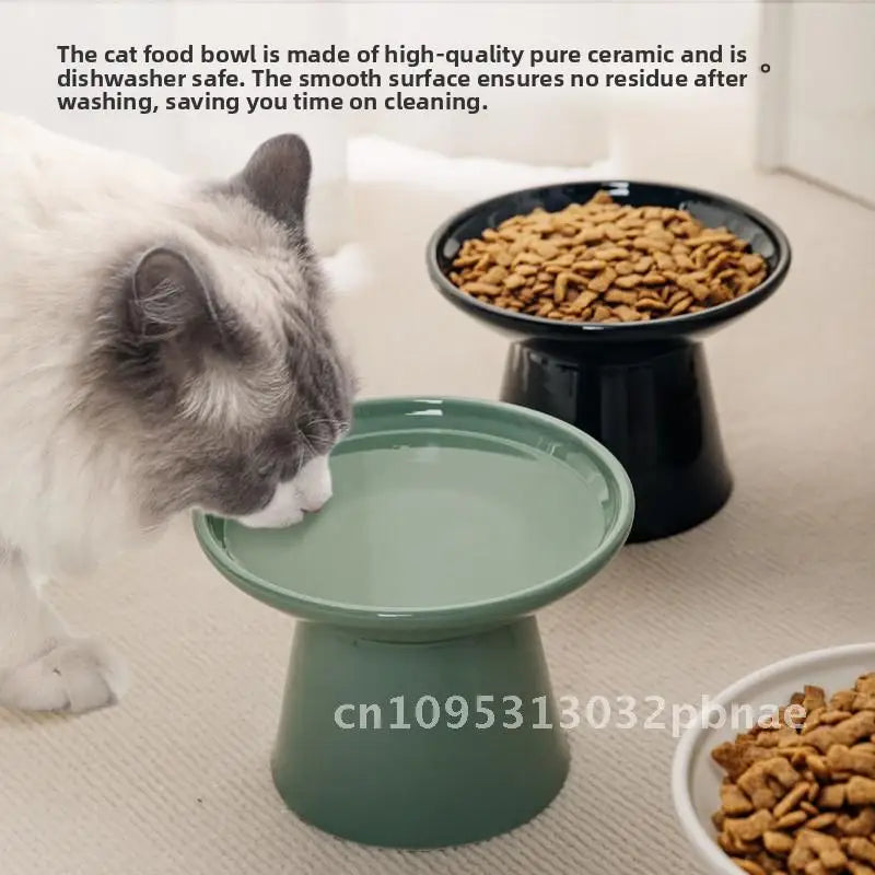 Ceramic cat bowl, high foot protection for cervical spine, cat food bowl, water bowl, anti black chin, large caliber, anti knock