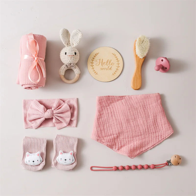 Baby Bath Set Blanket Wooden Brush Newborn Milestones Monthly Cards Bath Toys for Babies Infant Photograph Props Birth Gifts Box