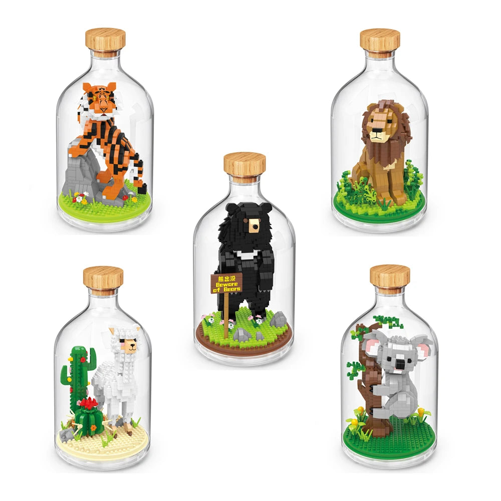 Idea Animal In A Bottle Micro Diamond Block Tiger Lion Koala Alpaca Bear Construction Bricks Model Educational Toys Nanobricks