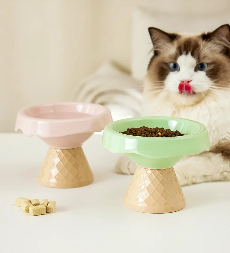 Ceramic cat bowl, pet bowl, ice cream bowl, high-legged, slanted neck protection, anti-knockover cat food bowl, drinking water