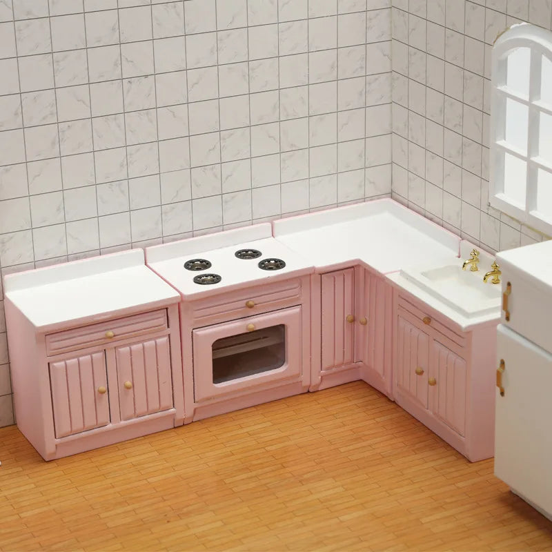 Dollhouse Mini Cooking Table Sink Counter Set Cabinets Combination 1:12 Miniature Kitchen Miniature Models Home Decor Figurines