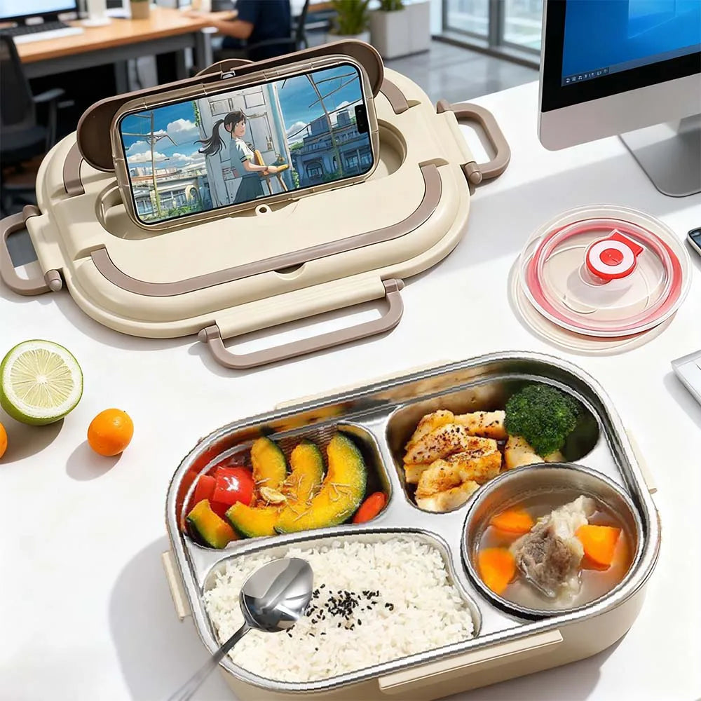 304 stainless steel bento box, four compartment dining box with soup bowl, chopsticks and spoon, suitable for office workers
