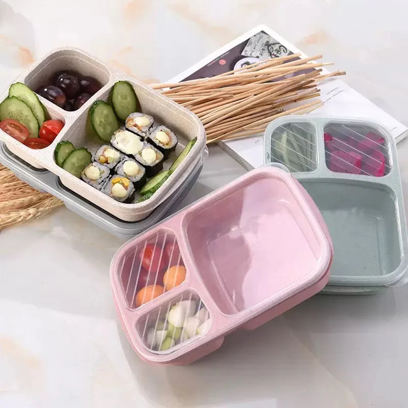 Bento Lunch Box 3 Compartment Wheat Straw Meal Prep Food Storage Containers Plastic, 1 Pack