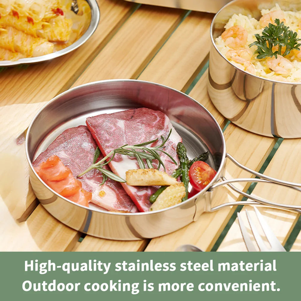 Stainless steel camping outdoor cookware set, mountain climbing cookware storage becomes portable camping pot set