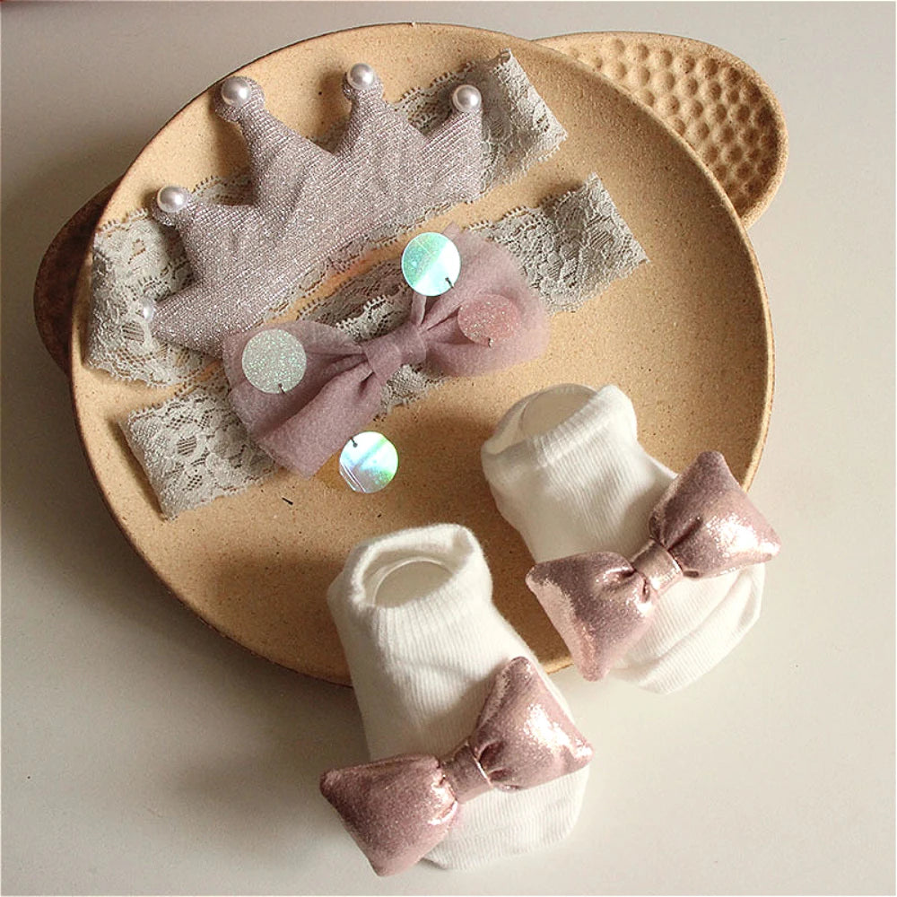 3 Pcs Baby Girl Accessories Set: 1 Socks, 2 Bow Headbands with Gift Box, Holiday Party Gift Box, Ideal Newborn Remembrance Gift