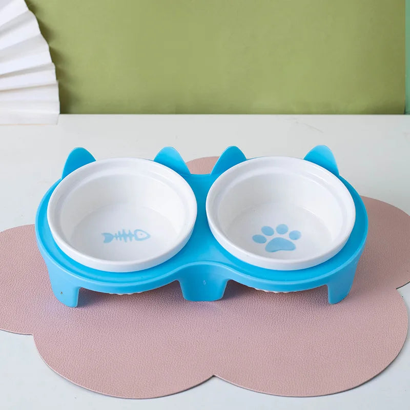 Pet ceramic feeding bowl, double bowl, inclined angle to hold food and water, protect the cat's cervical spine.