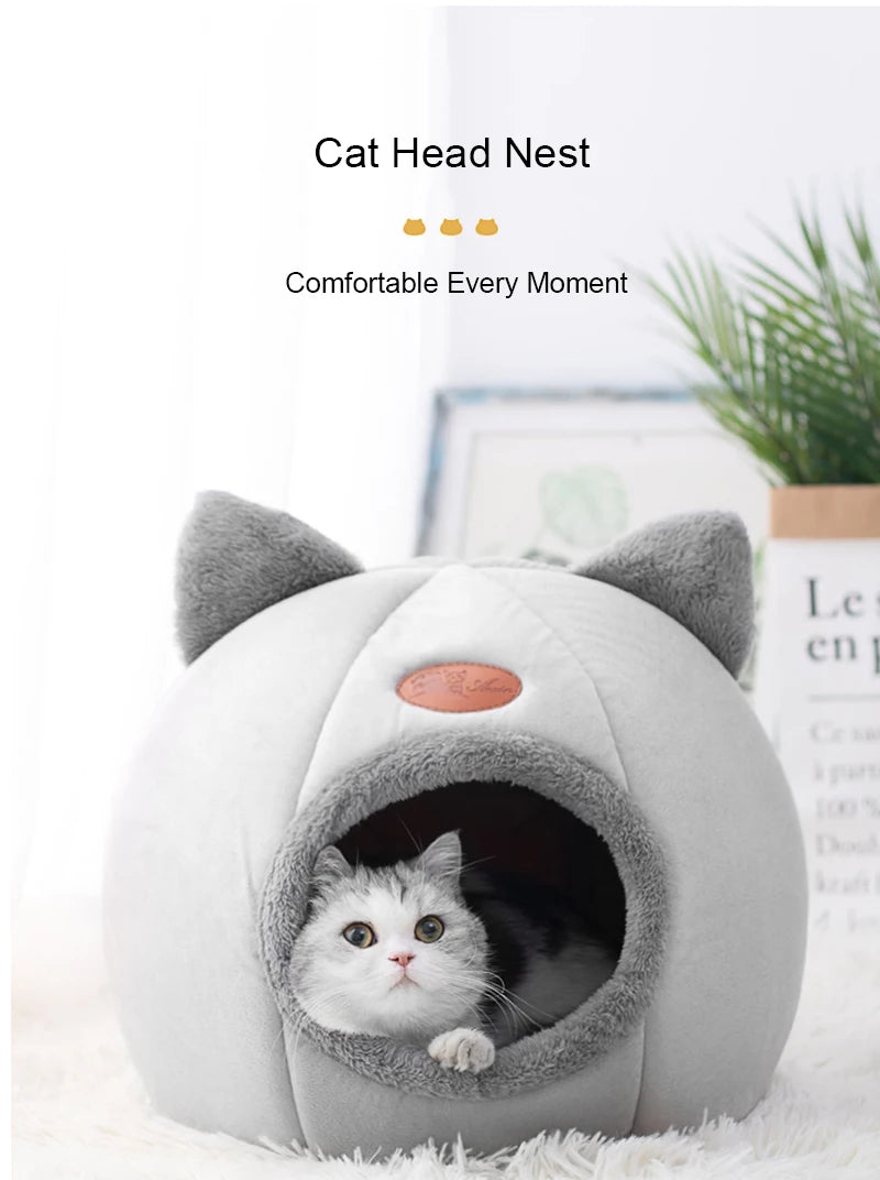 Cat Head Shape Cute And Comfortable Warm Cat House Safe Sleep Cave Non-Slip Semi-Closed Design Four Seasons Universal Cat Nest