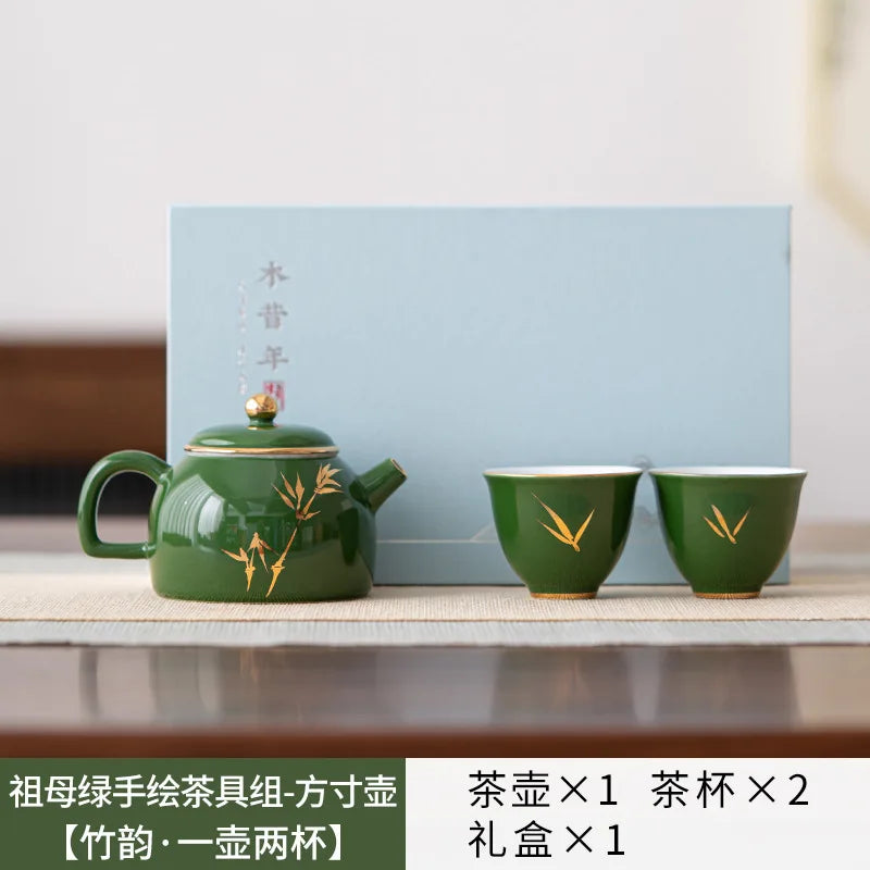 Emerald Green Ceramic Tea Set Complete Set Tea Ceremony Set Gold Stamping Lotus Teapot And Tea Cup Set Chinese Tea Set Ornaments
