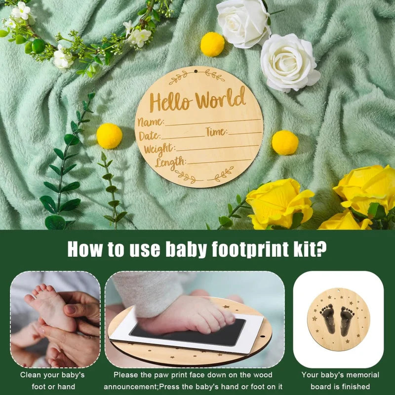 Baby Announcement Sign, 5.9 Inch Round Baby Nursery Name Signs with Ink Pad for Baby Hand and Footprints Wooden Hello World