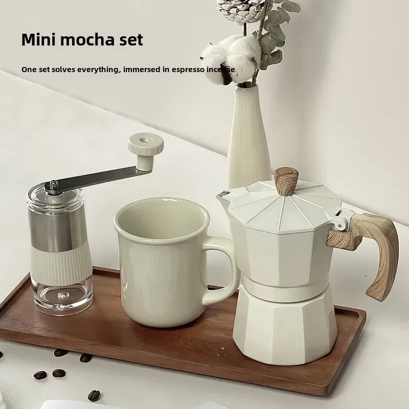 Hand Grinder Coffee Maker Set,Hand Grinder Set Gift Box,Moka Pot 6 Piece Set,with Cup,bean Bin,filter Paper and Bean Brush Spoon