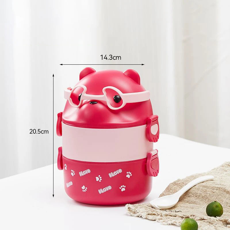 Stackable Bento Box Portable Cute Cartoon Children Lunch Box Double Layer Food Storage Container Eyeglass Bear Thermal Bento Box