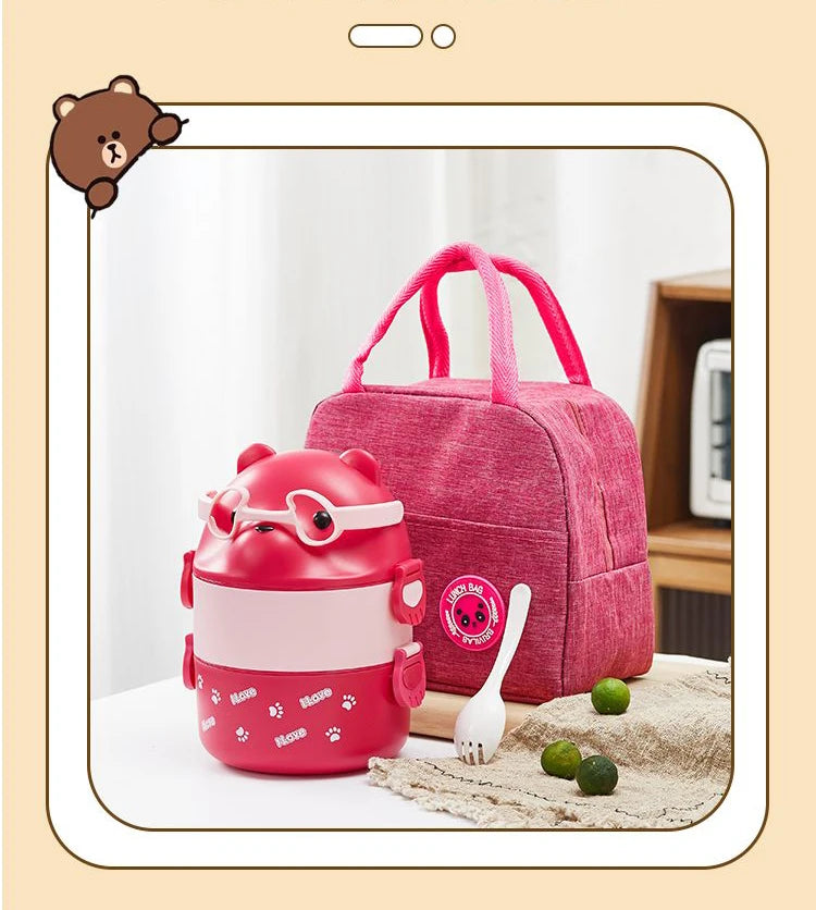 Stackable Bento Box Portable Cute Cartoon Children Lunch Box Double Layer Food Storage Container Eyeglass Bear Thermal Bento Box